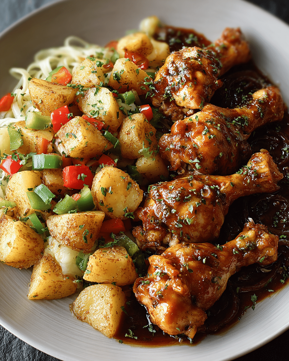 Sticky Glazed Chicken Drumsticks with Crispy Potatoes & Pepper-Onion Stir-Fry