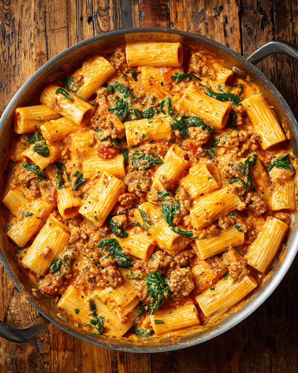 Creamy Sausage Rigatoni with Spinach, Garlic, and Tomato Cream Sauce (Rich, Savory & Family-Friendly)