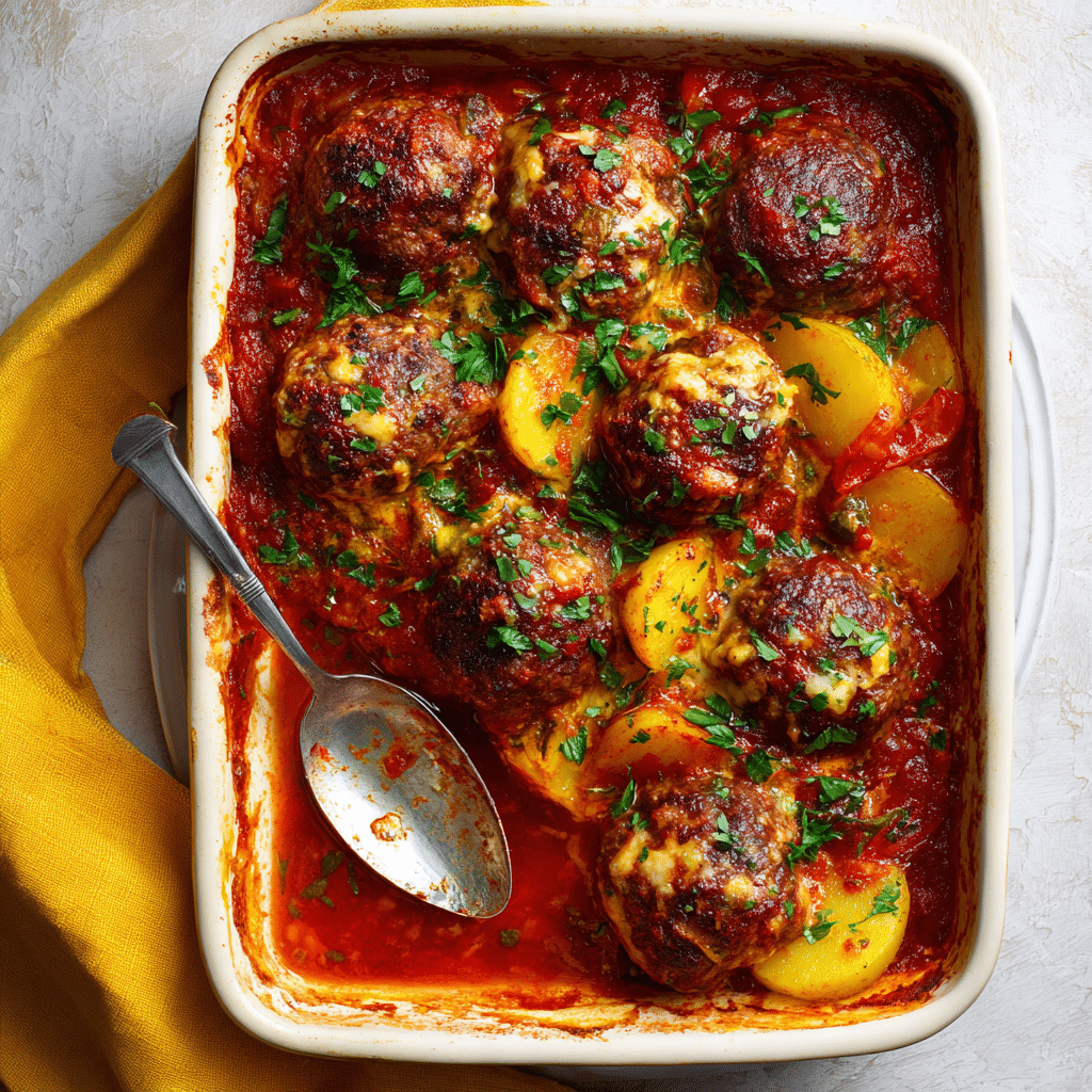 Baked Meatballs and Potatoes in Rich Tomato Sauce: A Rustic One-Pan Family Favorite