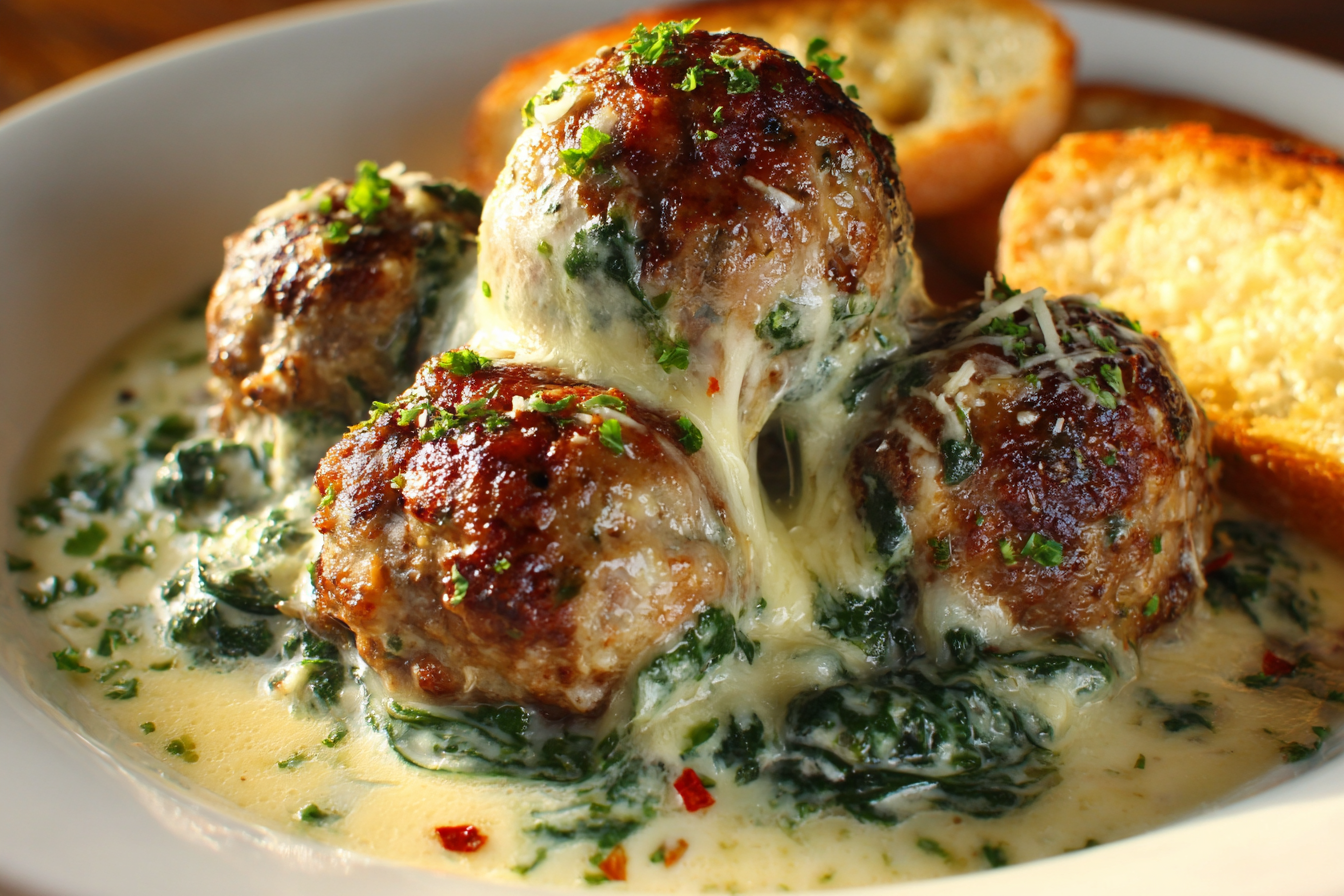 Spinach Garlic Meatballs Stuffed with Mozzarella: 6 Juicy, Cheesy Layers