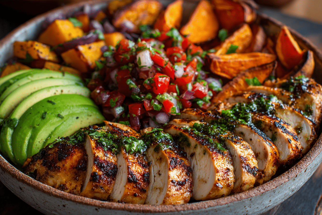 Grilled Herb Chicken Bowl with Sweet Potato Fries & Avocado Salsa: 9-Ingredient Vibrant Fresh Favorite