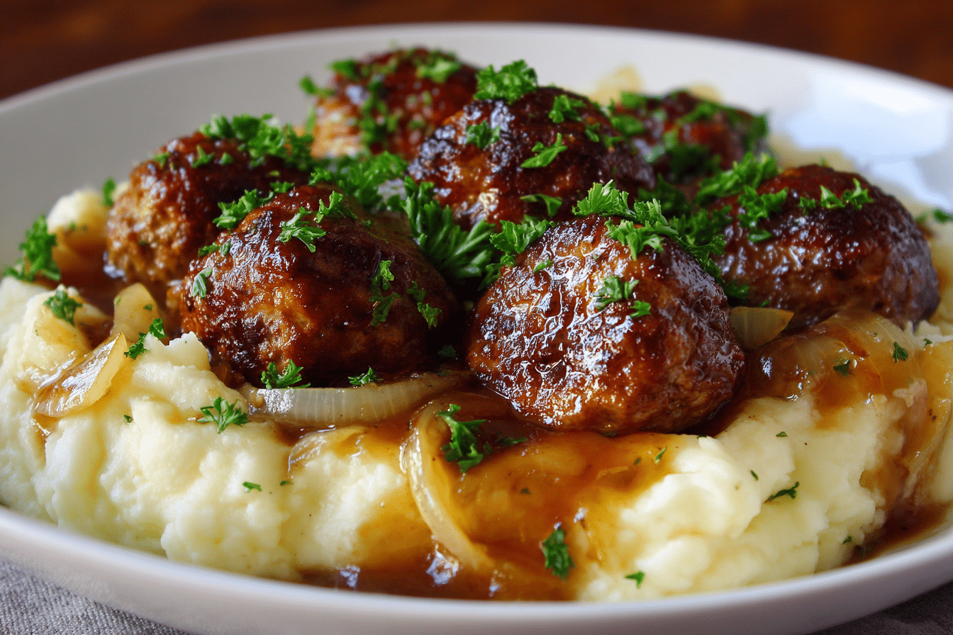 Aalisbury Steak Meatballs with Garlic Herb Mashed Potatoes: 7-Ingredient Cozy Savory Classic