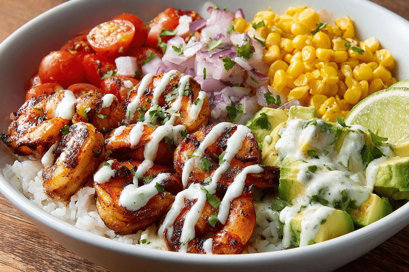 Grilled Shrimp Bowl with Avocado, Corn Salsa & Creamy Sauce: 1 Vibrant Bowl with Zesty Flavor and Light Satisfaction